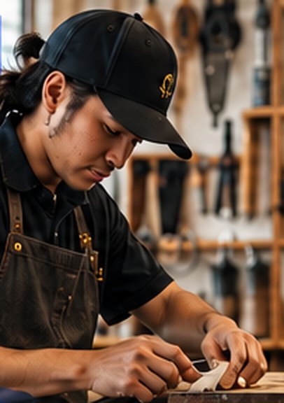 A leatherworker in a cap concentrating on stitching at a workbench.