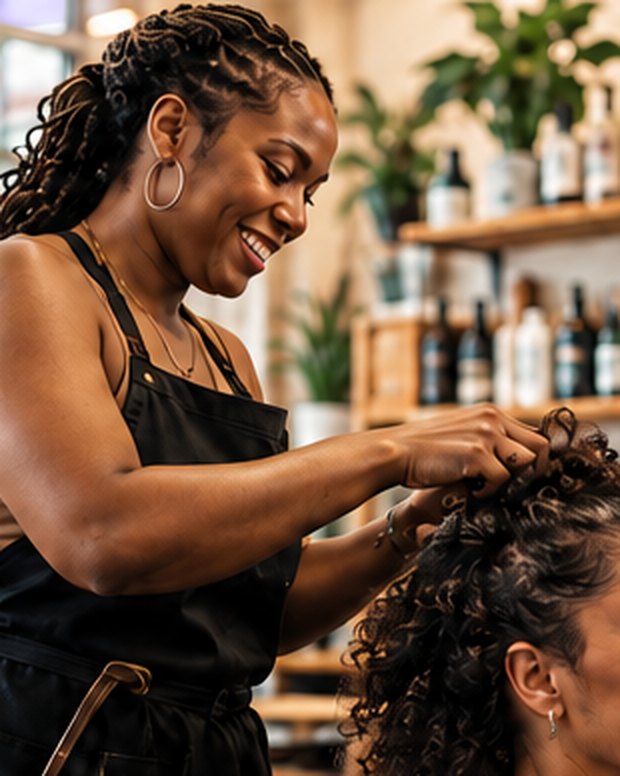 A smiling hairstylist braiding a client’s hair in a bright salon.